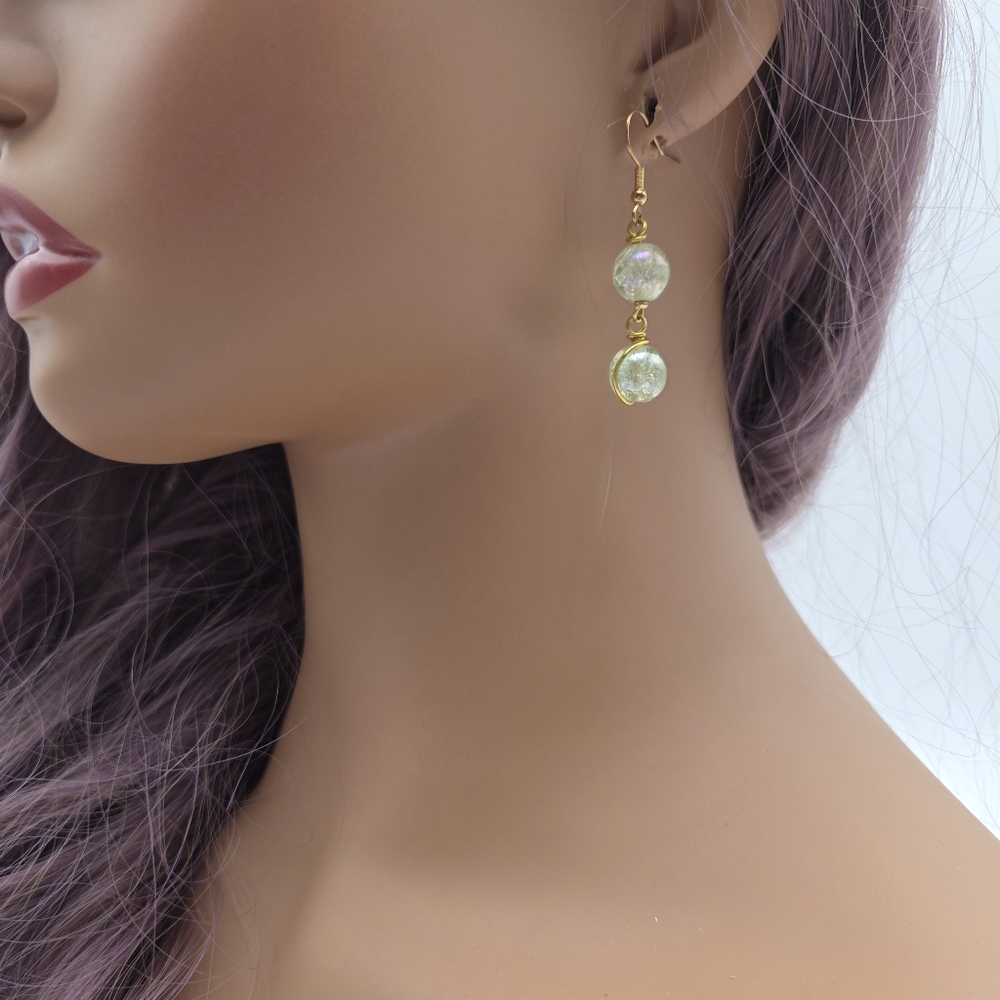 Handmade Light Green Dangle Earrings | Sparkling Beaded Drop Jewelry - Picture 5 of 5